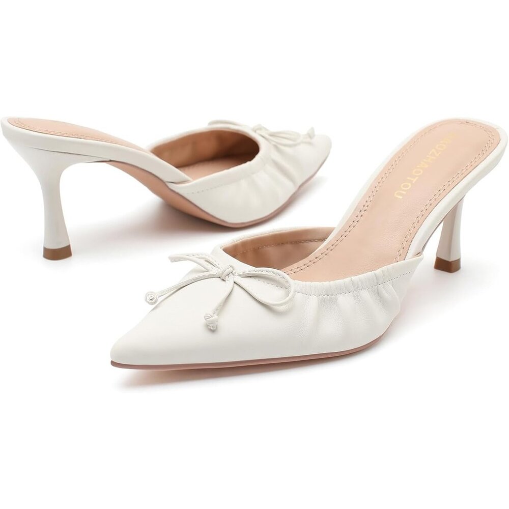 Women's White Dressy Pointed Toe Bow Heeled Sandals Mules Sexy Kitten Heels - Picture 6 of 7